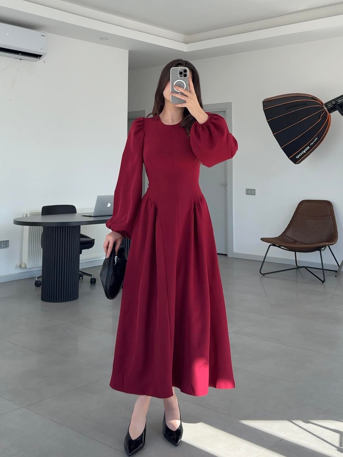 LORA ARKADAN BAĞLAMA DETAYLI ELBİSE- Bordo