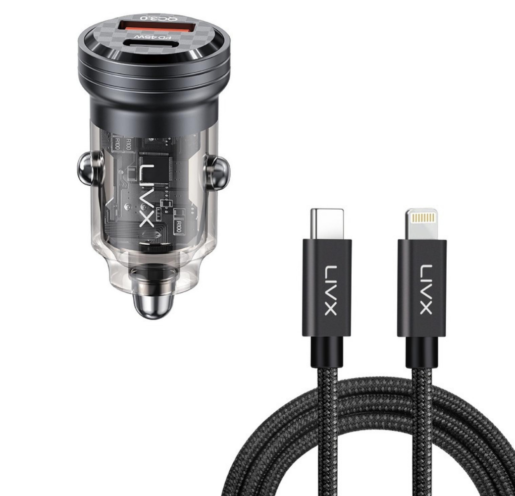 LivX Transparent 45W PD/QC Mini Araç şarj Cihazı ve 1 Metre iPhone Hızlı Şarj Kablosu