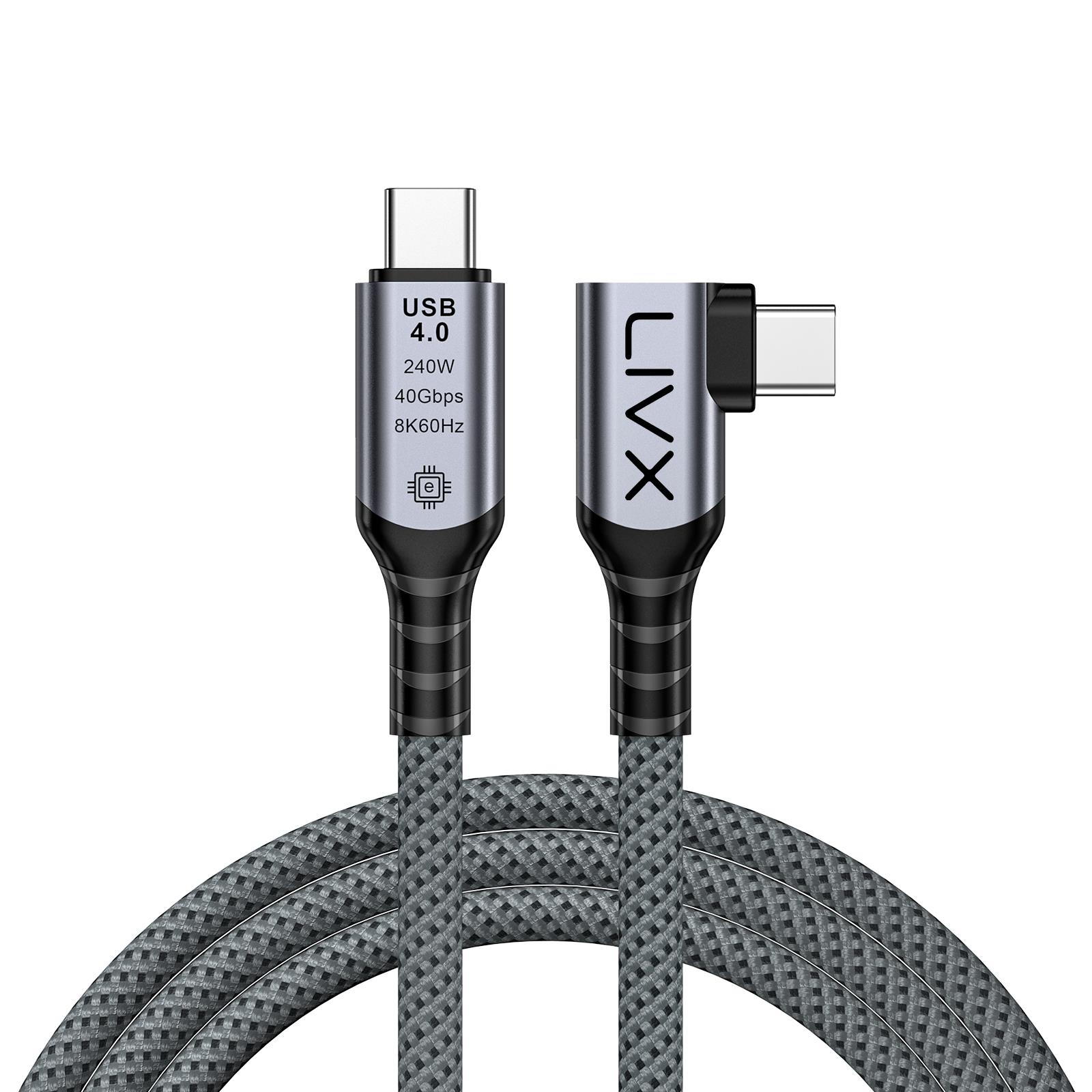LivX USB4 Kablo 150cm 90 Derece USB-C to USB-C 40Gbps Veri Aktarım, 240W PD Hızlı Şarj, 8K@60Hz Görüntü Desteği, Thunderbolt 3/4 ile Uyumlu, Örgülü Dayanıklı Şarj ve Data Kablosu KLV-Y 