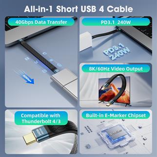 LivX All-in-1 10 CM USB-C 4 Kablo – PD3.1 240W Hızlı Şarj ve Yüksek Hızlı Veri Transferi Gri WAN-01
