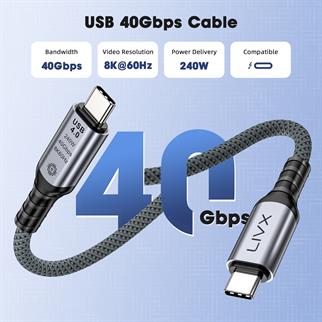 LivX FAST USB 4.0 40Gbps, 240W, 8K60Hz USB4.0 USB-C Kablosu 1 Metre Gri KLV-01