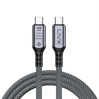 LivX FAST USB 4.0 40Gbps, 240W, 8K60Hz USB4.0 USB-C Kablosu 1 Metre Gri KLV-01