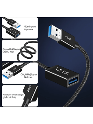 LivX Rope USB3.0 3A 5Gbps Hızlı Şarj ve Veri Aktarımı USB 3.0 Erkek Dişi Uzatma Kablosu Halat Örgülü 5 Metre RP-05