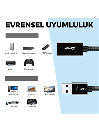 LivX Rope USB3.0 3A 5Gbps Hızlı Şarj ve Veri Aktarımı USB 3.0 Erkek Dişi Uzatma Kablosu Halat Örgülü 5 Metre RP-05