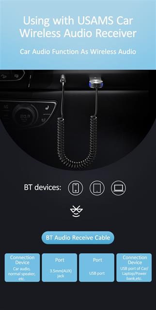 Livx Usams Bluetooth 5.0 Receiver Usb Aux Wireless Araç Kiti Hands-Free Telefon Görüşme Ba01 SJ464