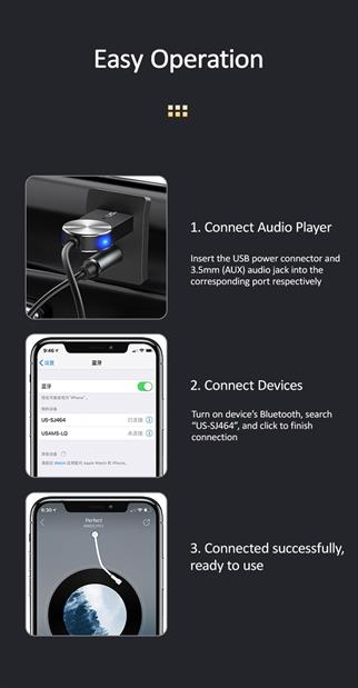 Livx Usams Bluetooth 5.0 Receiver Usb Aux Wireless Araç Kiti Hands-Free Telefon Görüşme Ba01 SJ464