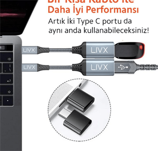 LivX Usb 3.0 To Type-c Çevirici Dönüştürücü 60w 15 Cm Kablolu Otg Adaptör Gri Ottca