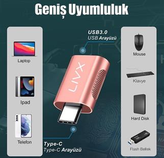 LivX USB 3.0 To Type-C Çevirici Dönüştürücü OTG Adaptör Rose Gold OTGRG