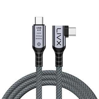 LivX USB4 Kablo 150cm 90 Derece USB-C to USB-C 40Gbps Veri Aktarım, 240W PD Hızlı Şarj, 8K@60Hz Görüntü Desteği, Thunderbolt 3/4 ile Uyumlu, Örgülü Dayanıklı Şarj ve Data Kablosu KLV-Y 