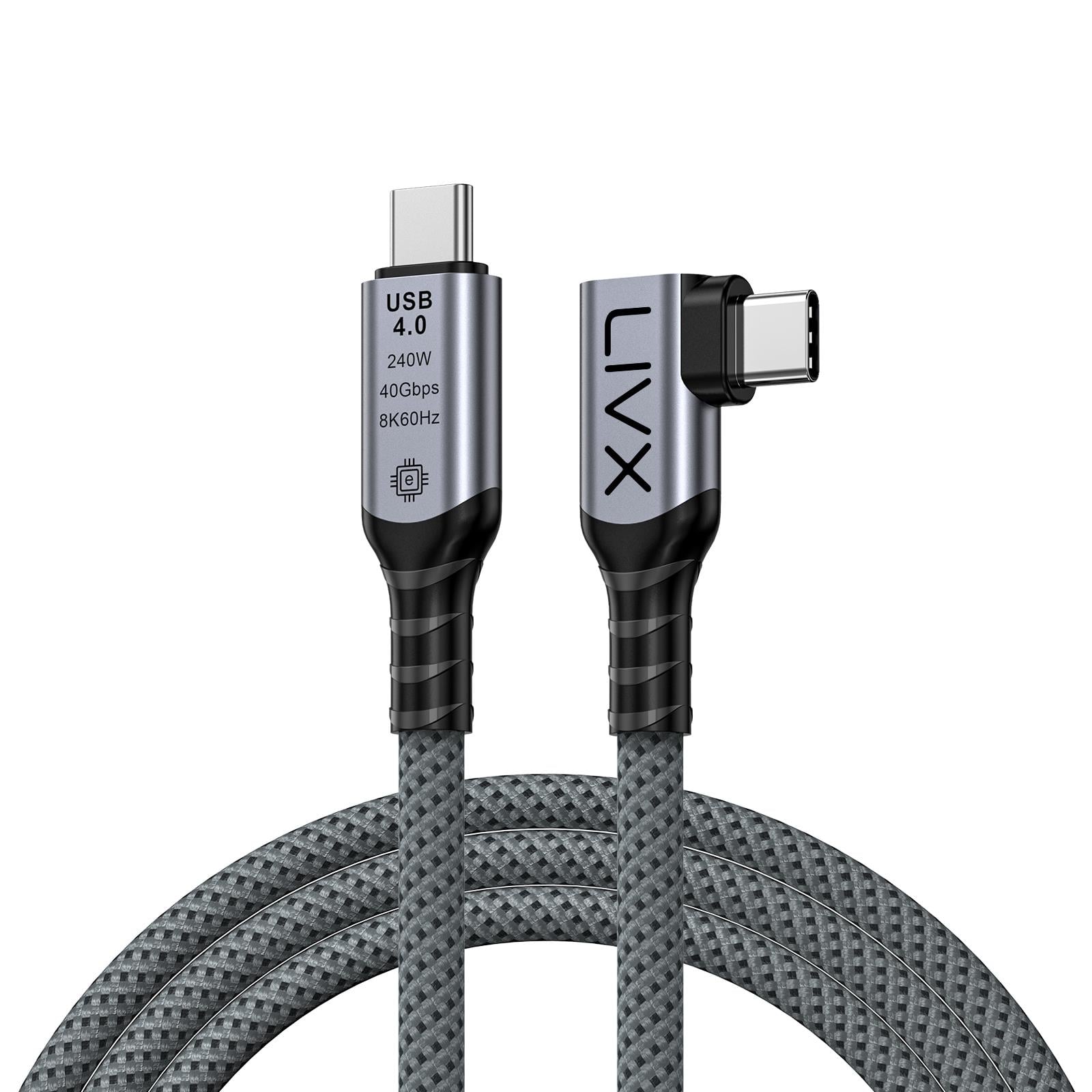 LivX USB4 Kablo 50cm 90 Derece USB-C to USB-C 40Gbps Veri Aktarım, 240W PD Hızlı Şarj, 8K@60Hz Görüntü Desteği, Thunderbolt 3/4 ile Uyumlu, Örgülü Dayanıklı Şarj ve Data Kablosu KLV-Y50
