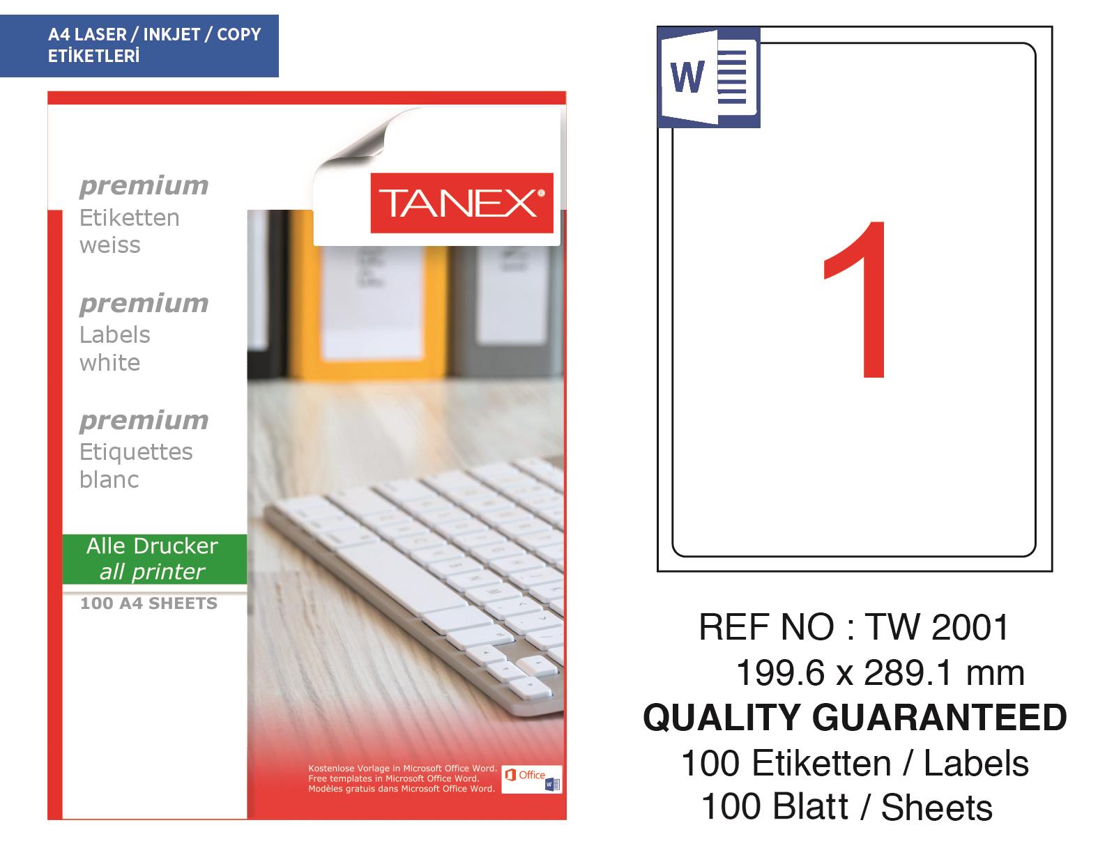 Tanex TW-2001 199,6x289,1 mm Lazer Etiket 100 Ad. 