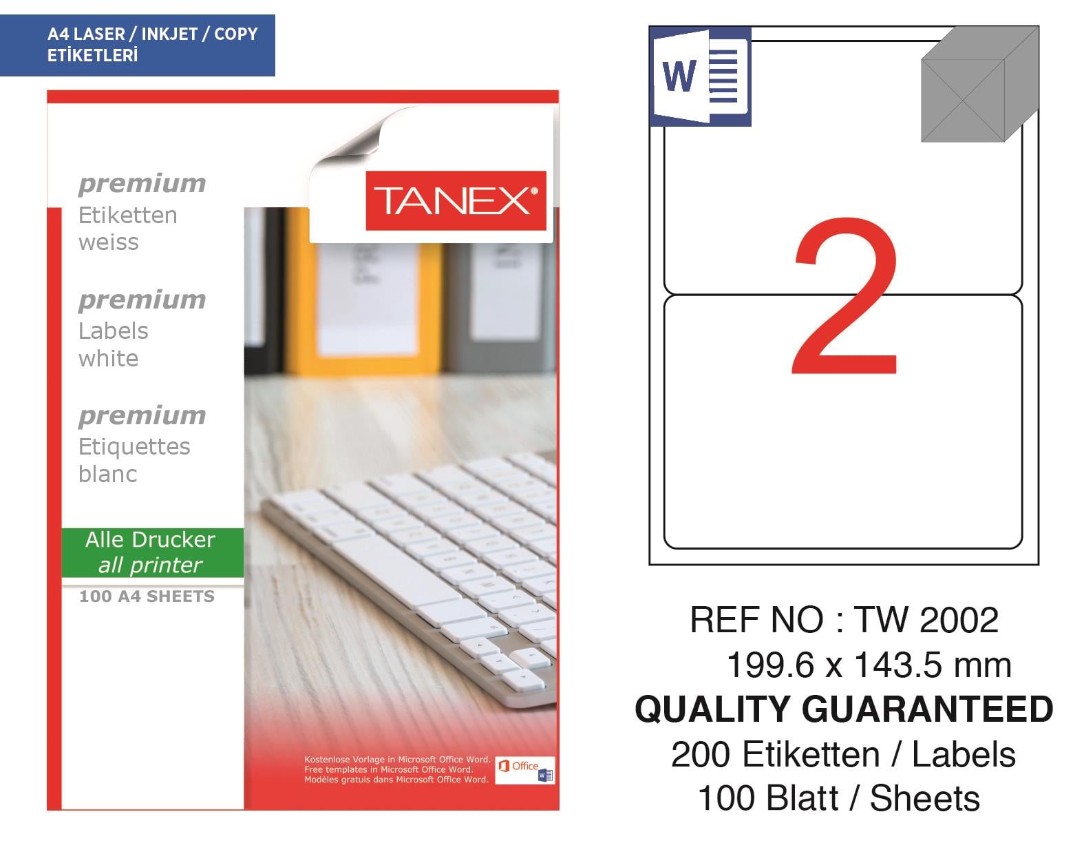 Tanex TW-2002 199,6x143,5 mm Lazer Etiket 100 Ad.