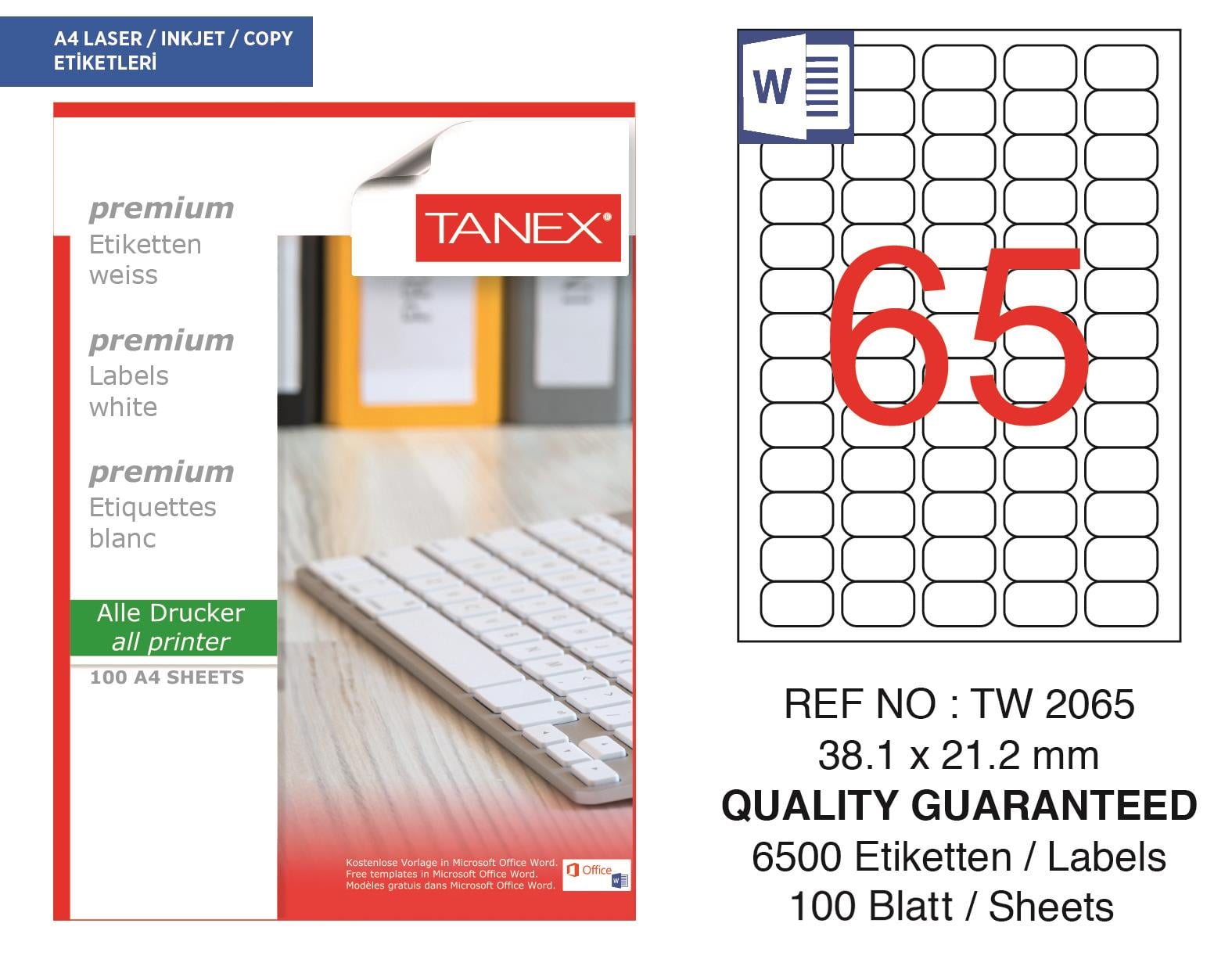 Tanex TW-2065 38,1x21,2 mm Lazer Etiket 100 Ad.
