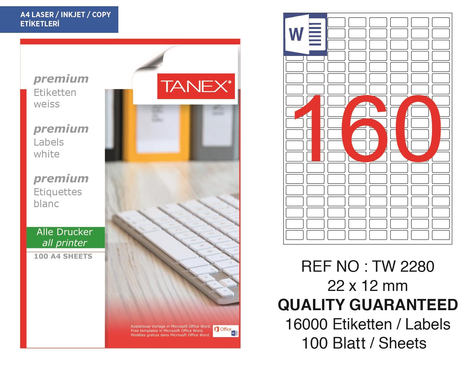 Tanex TW-2280 22x12 mm Lazer Etiket 100 Ad.