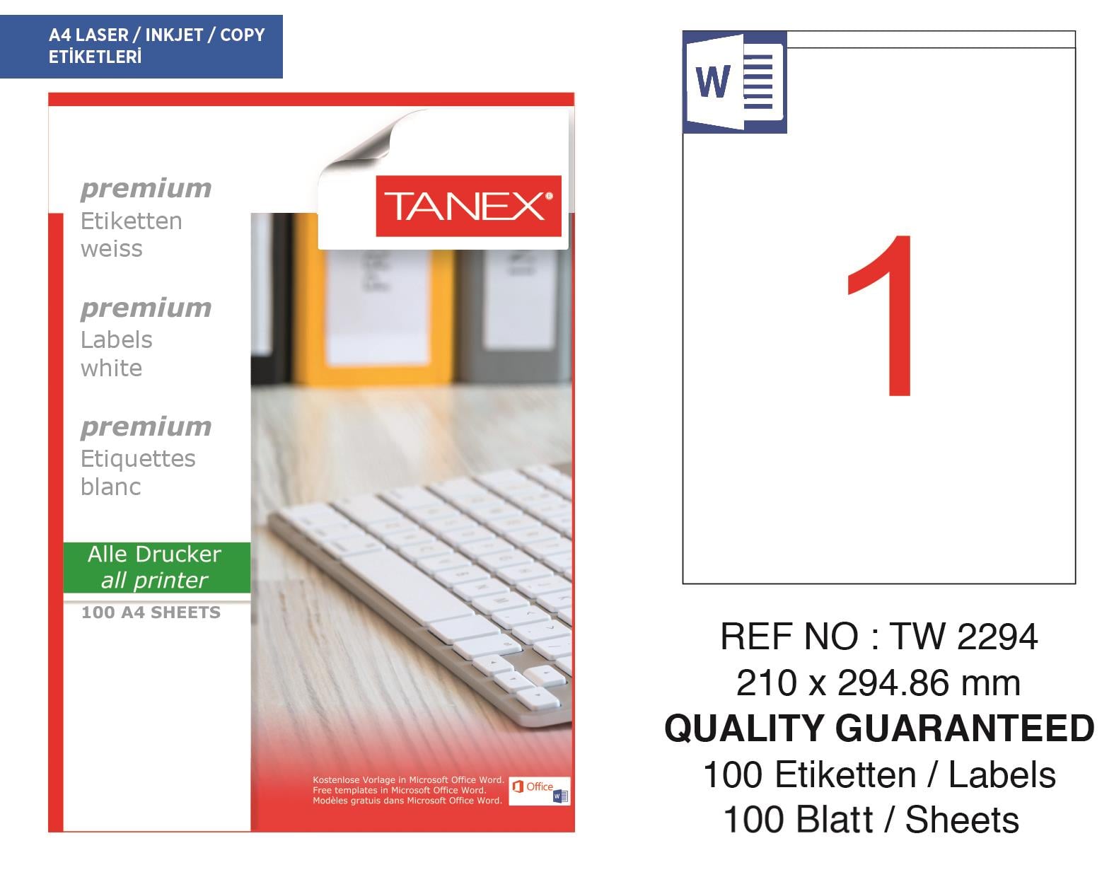 Tanex TW-2294 210x294,86 mm Lazer Etiket 100 Ad.