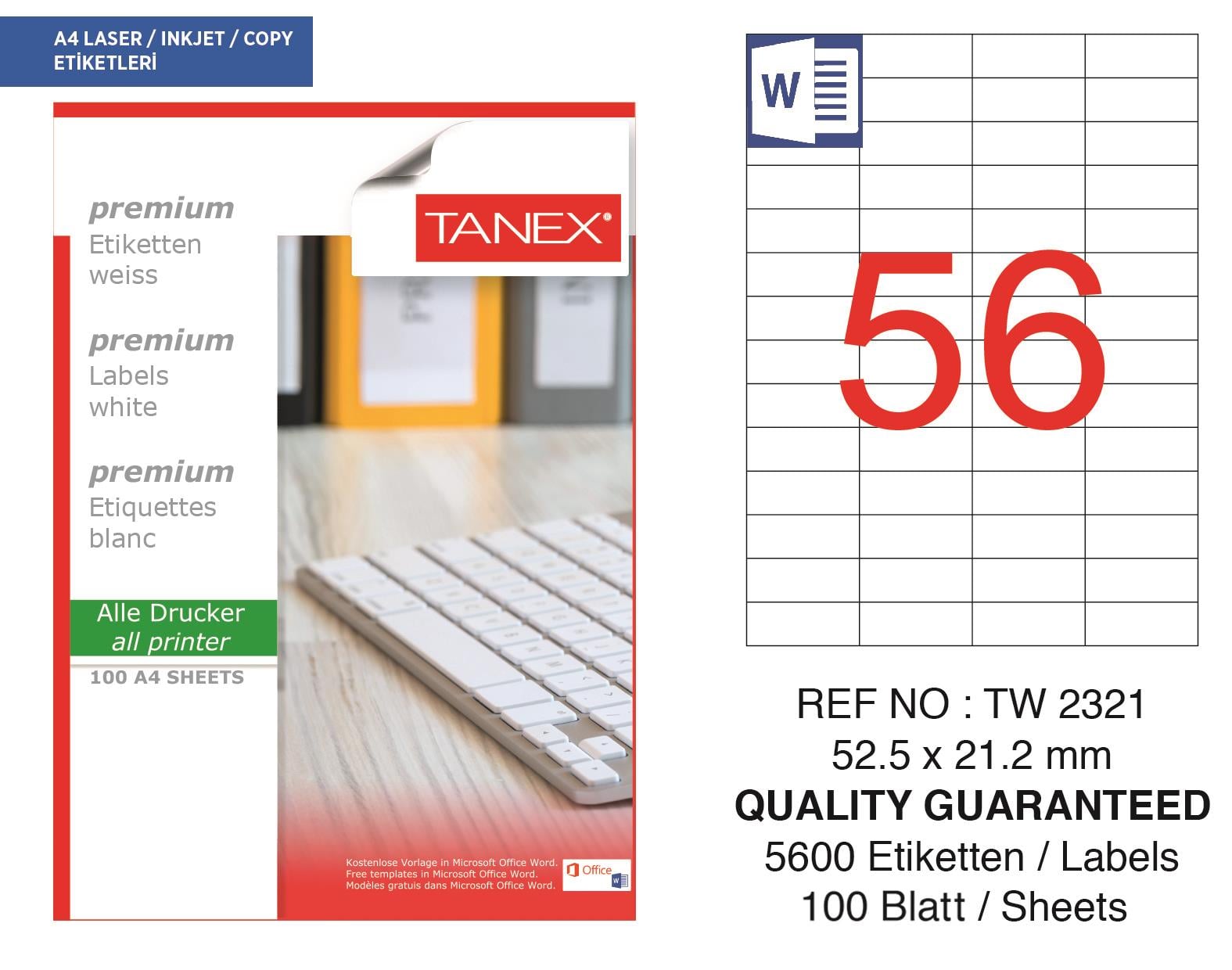 Tanex TW-2321 52,5x21,2 mm Lazer Etiket 100 Ad.