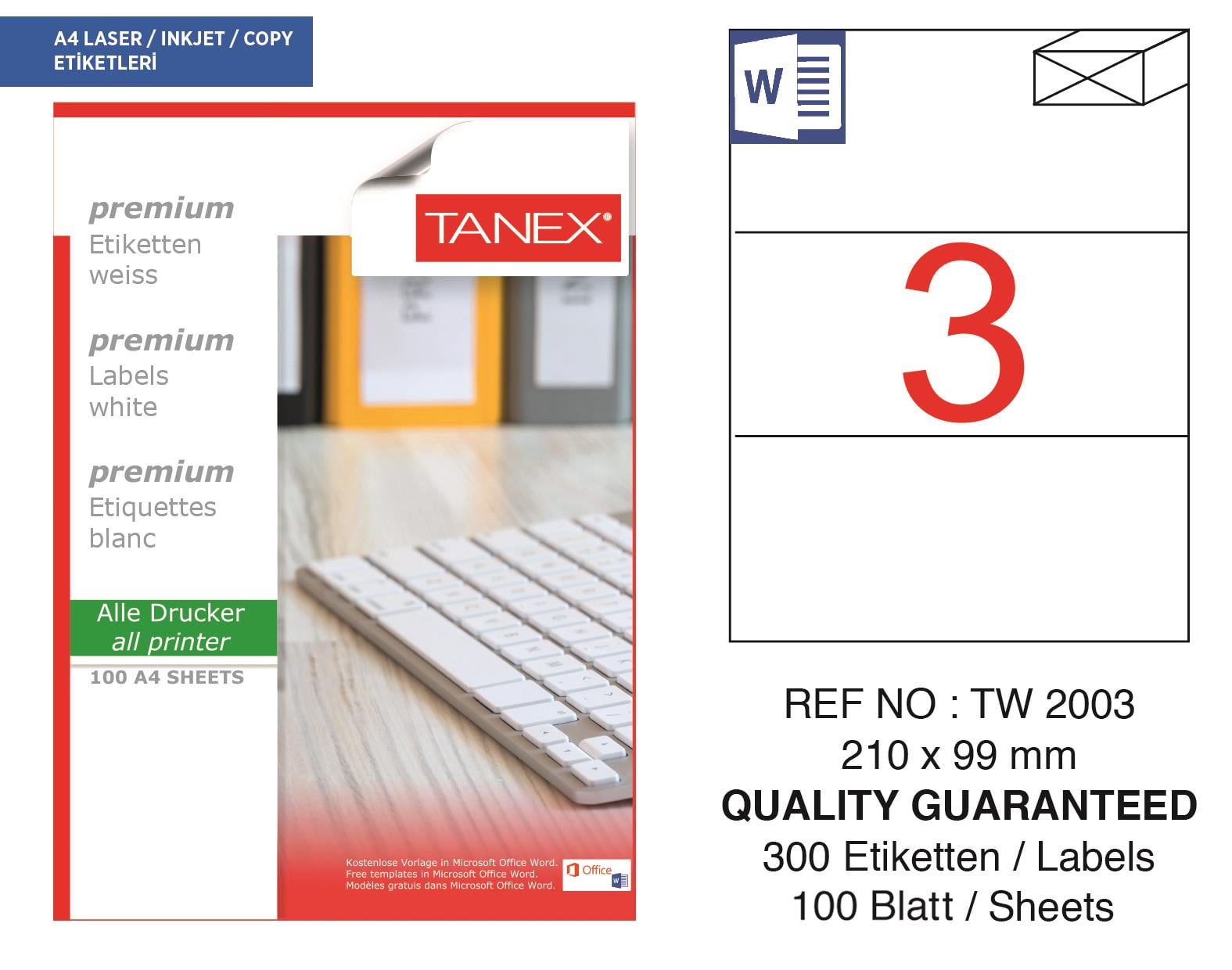 Tanex TW-2003 210x99 mm Lazer Etiket 100 Ad