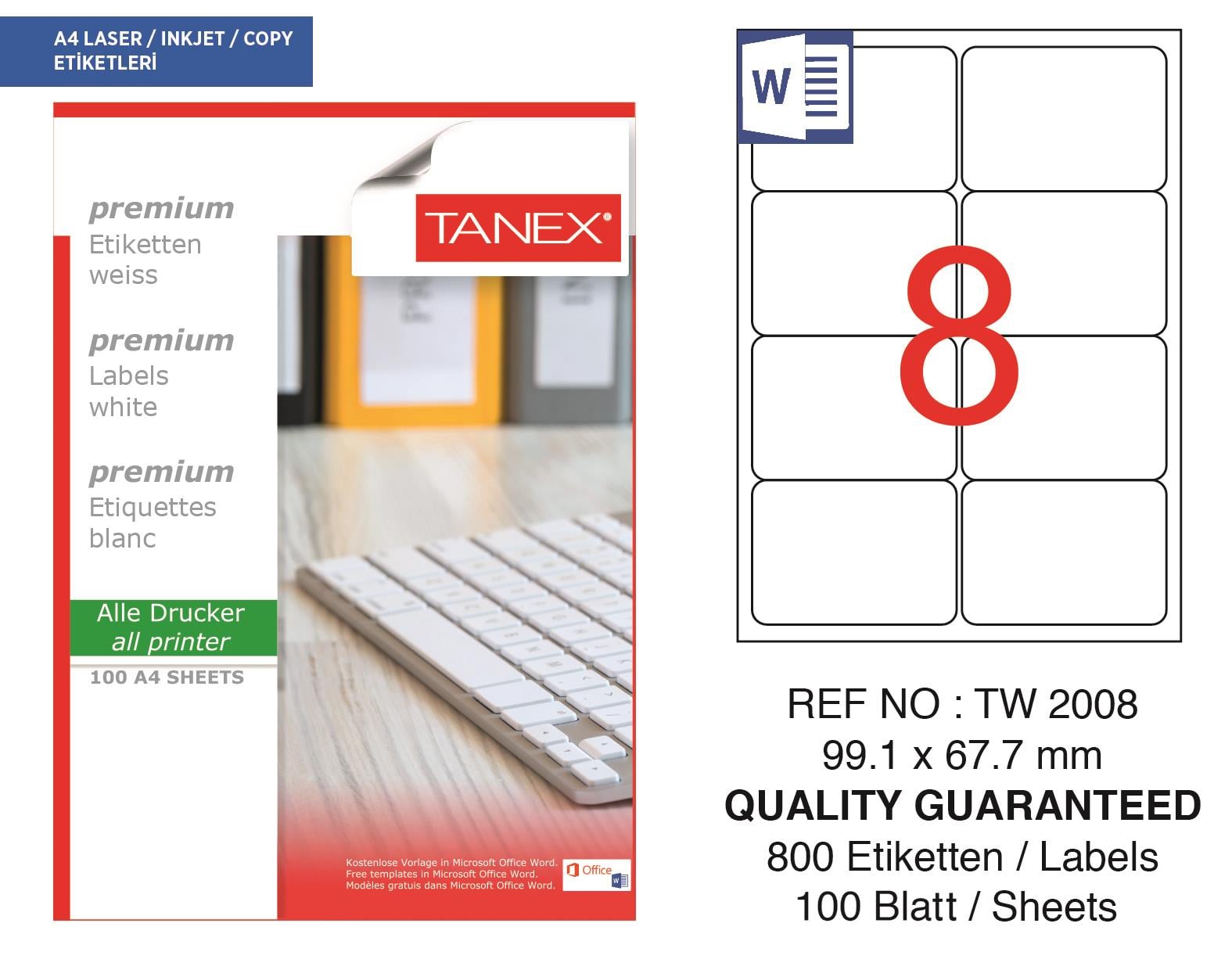Tanex TW-2008 99,1x67,7 mm Lazer Etiket 100 Ad.