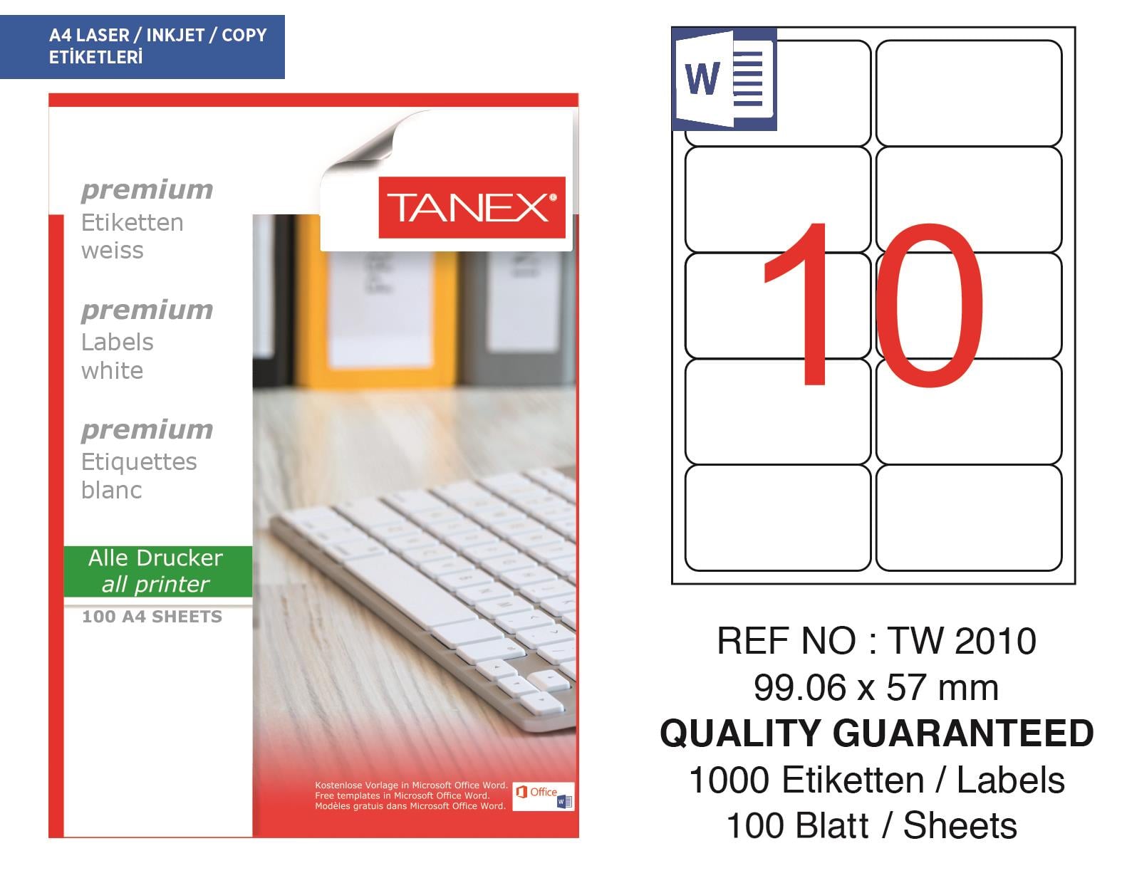 Tanex TW-2010 99,06x57 mm Lazer Etiket 100 Ad.
