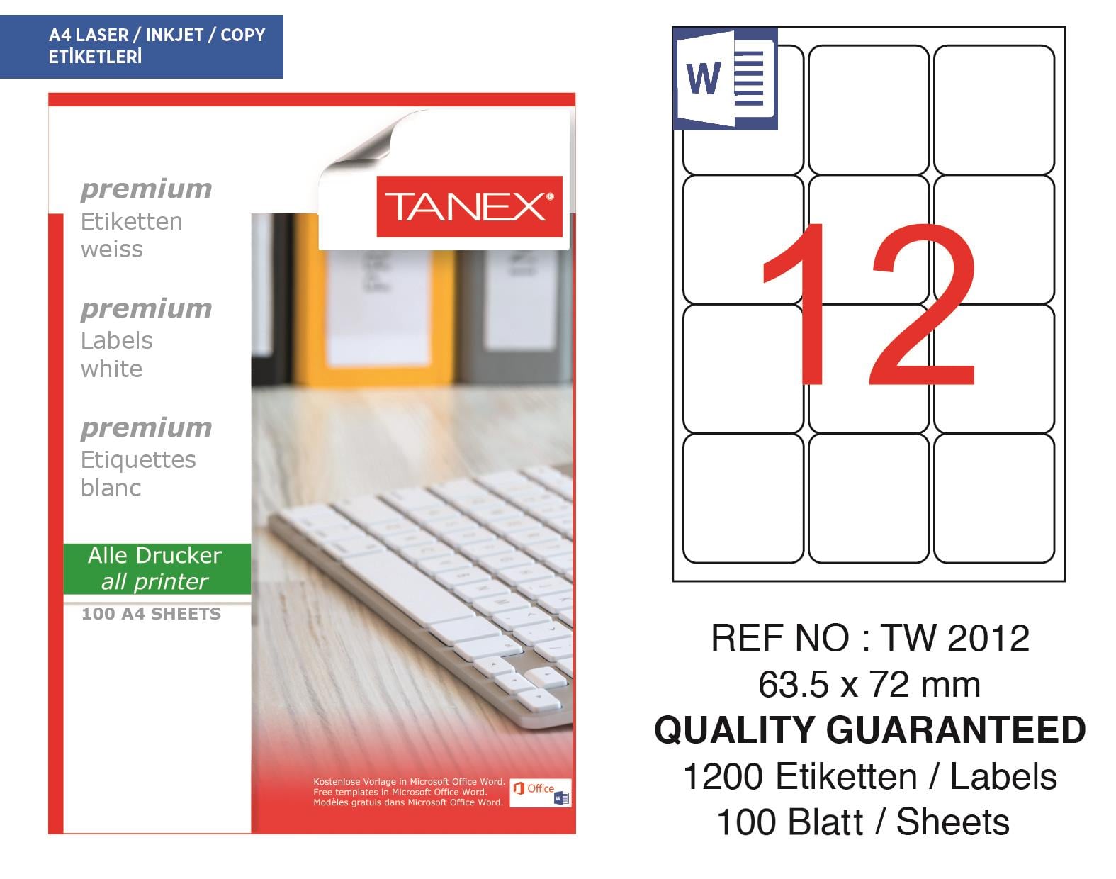 Tanex TW-2012 63,5x72 mm Lazer Etiket 100 Ad.