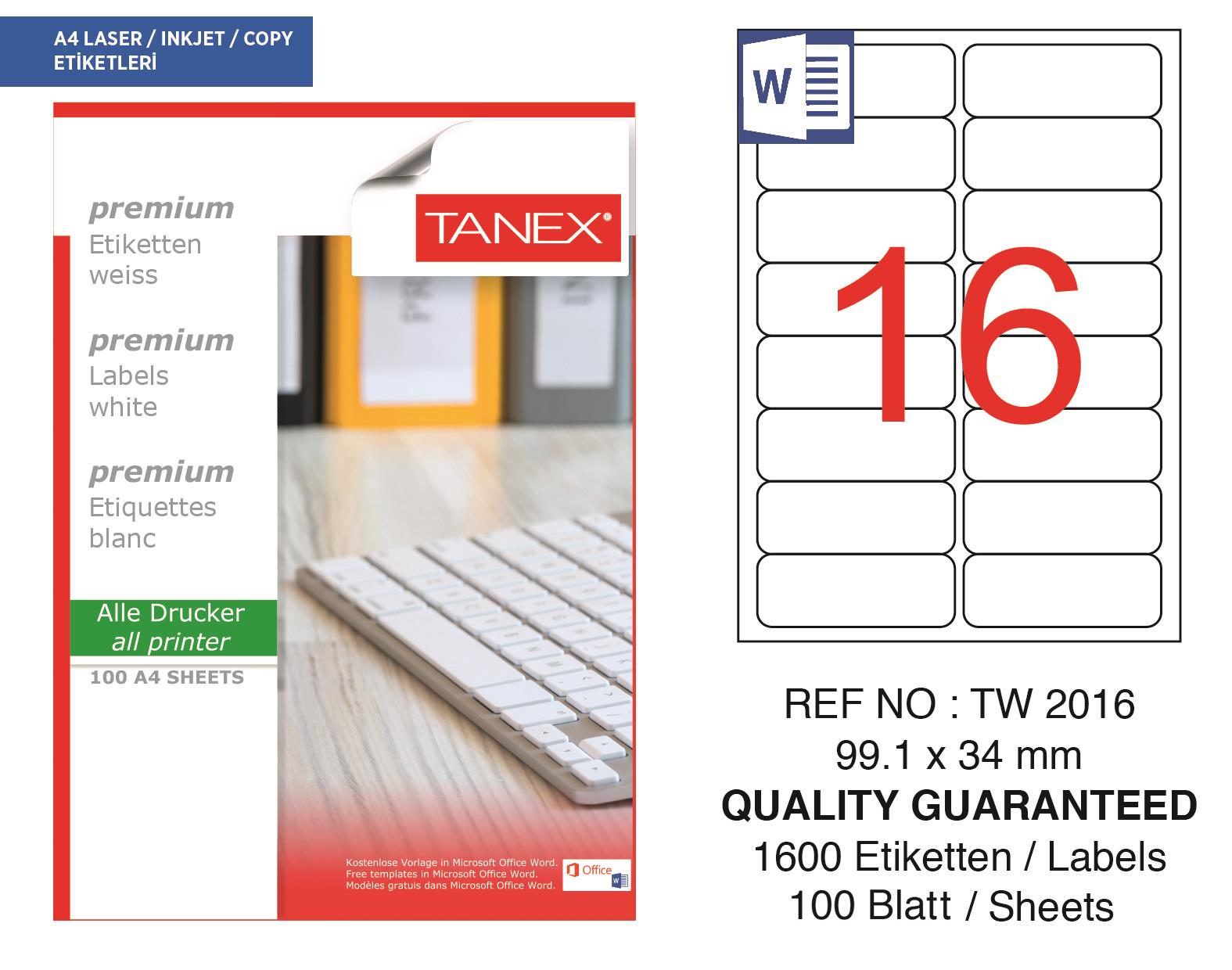Tanex TW-2016 99,1x34 mm Lazer Etiket 100 Ad.