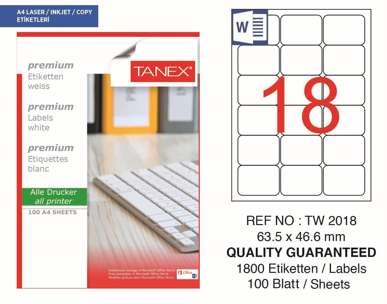 Tanex TW-2018 63,5x46,6 mm Lazer Etiket 100 Ad.