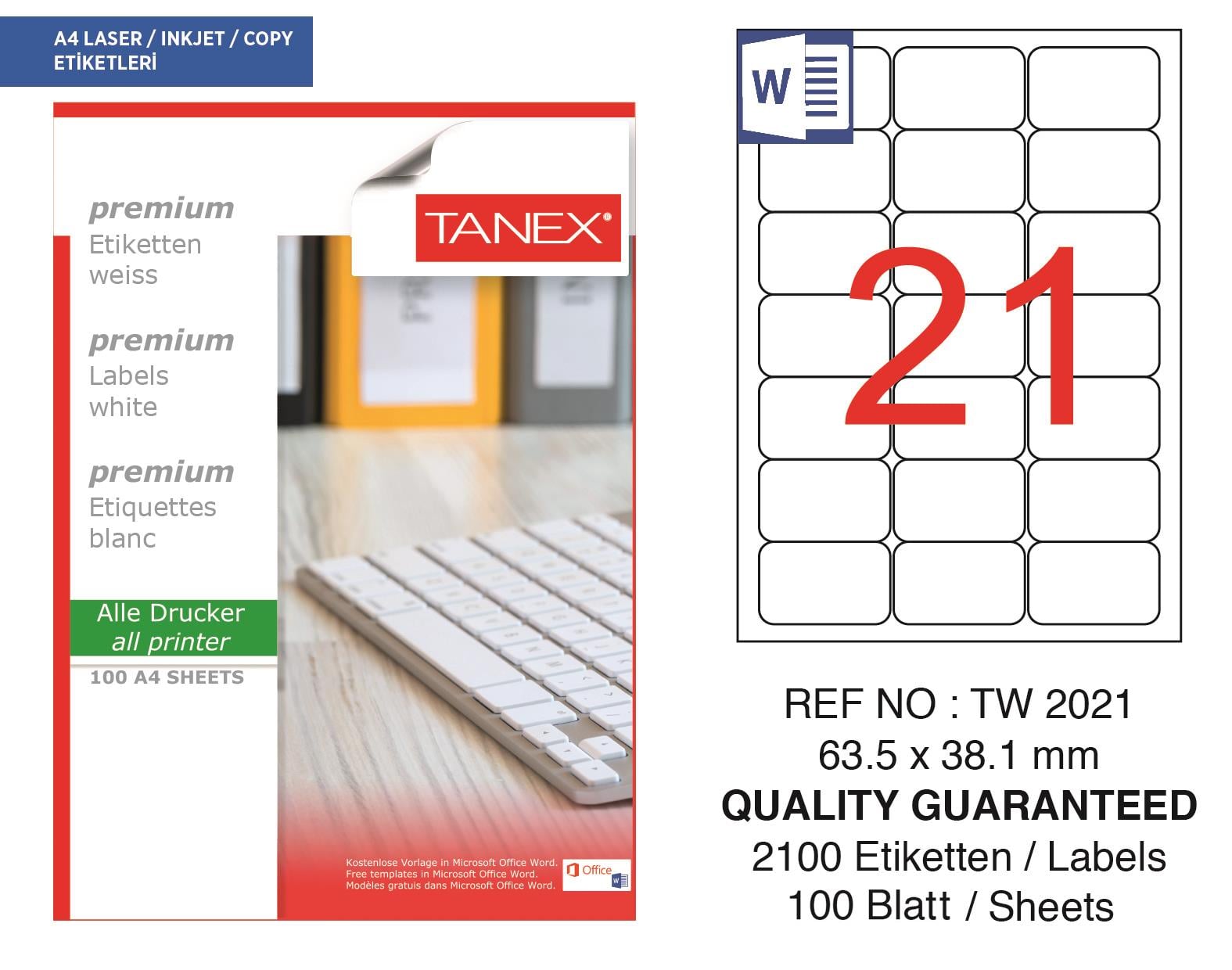 Tanex TW-2021 63,5x38,1 mm Lazer Etiket 100 Ad.