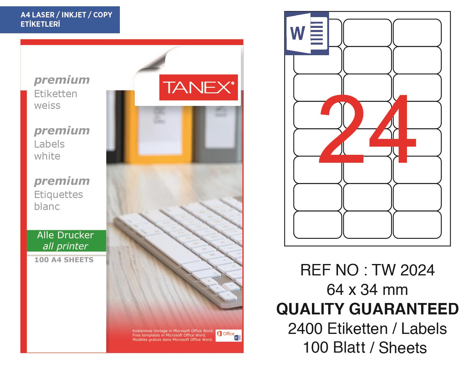 Tanex TW-2024 64x34 mm Lazer Etiket 100 Ad.