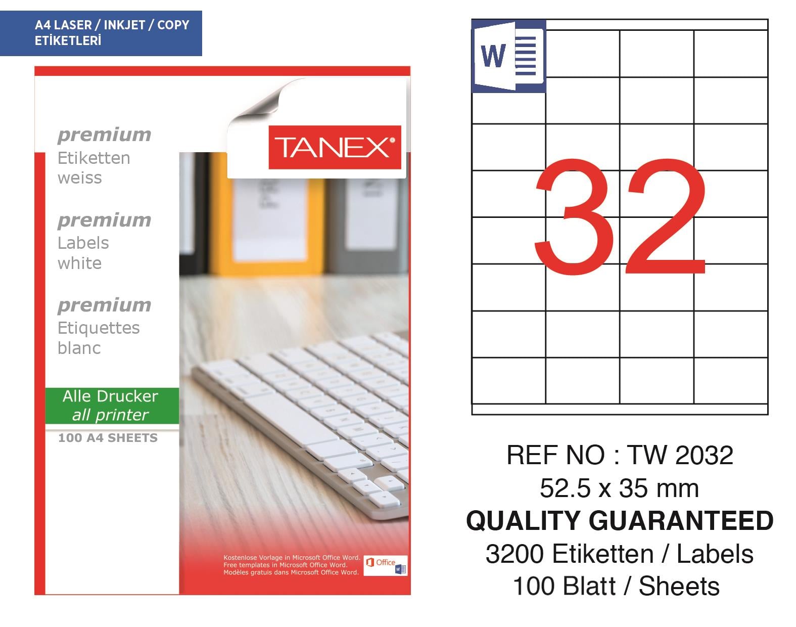 Tanex TW-2032 52,5x35 mm Lazer Etiket 100 Ad.