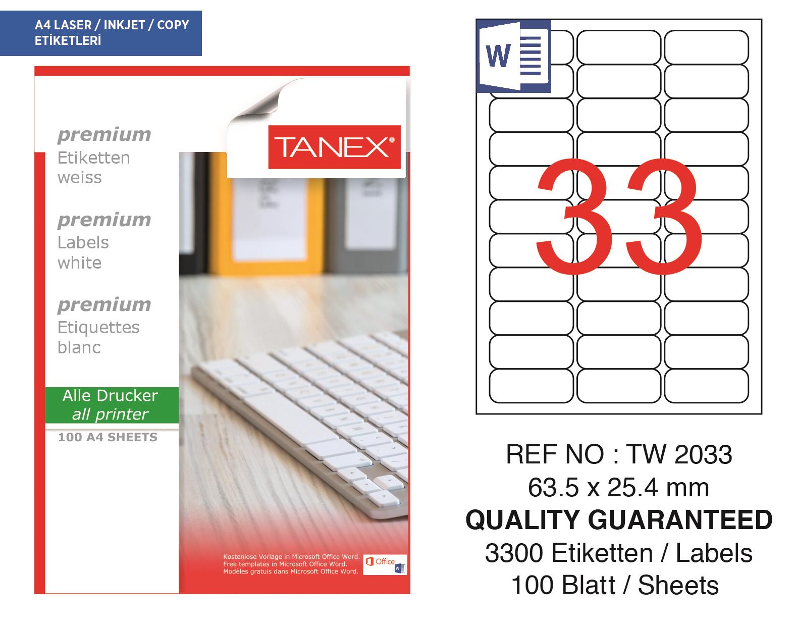 Tanex TW-2033 63,5x25,4 mm Lazer Etiket 100 Ad.