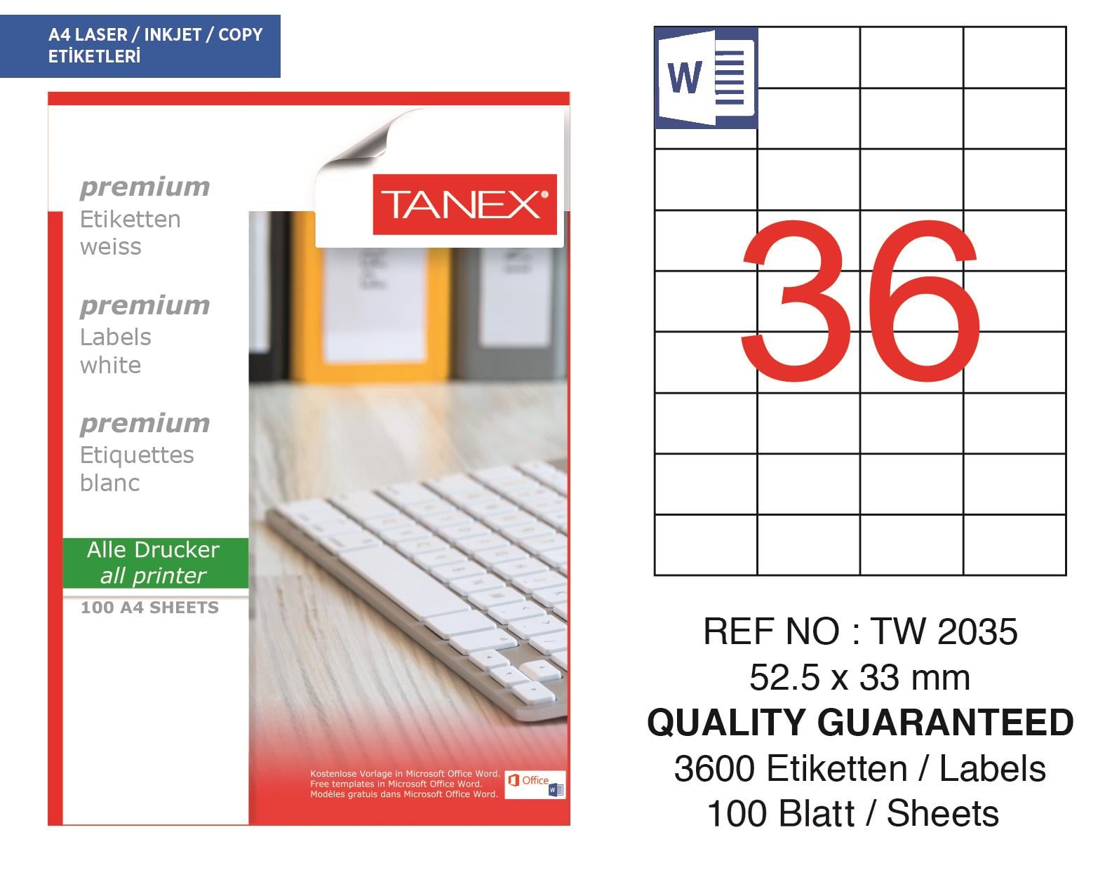Tanex TW-2035 52,5x33 mm Lazer Etiket 100 Ad.