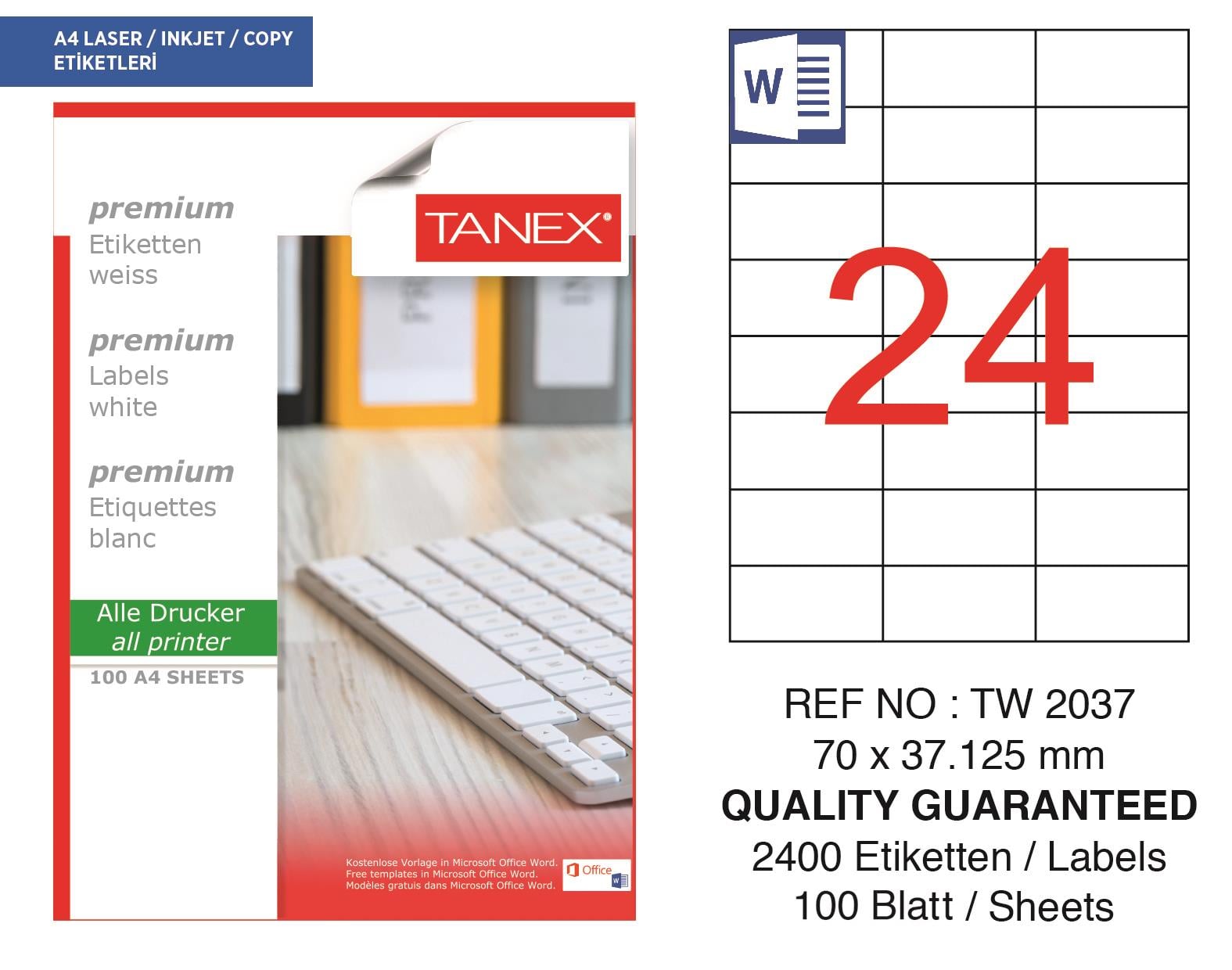 Tanex TW-2037 70x37,125 mm Lazer Etiket 100 Ad.