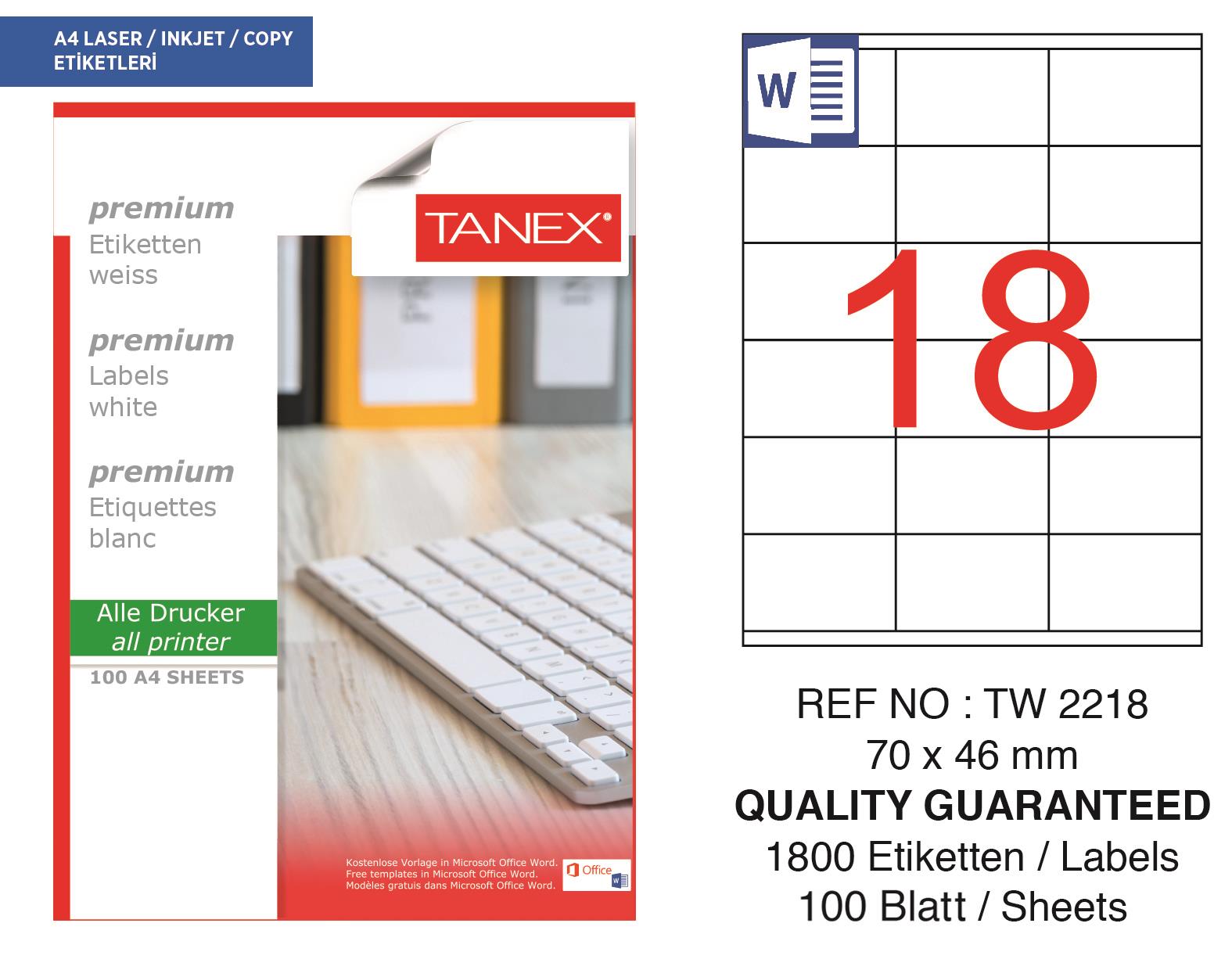Tanex TW-2218 70x46 mm Lazer Etiket 100 Ad.