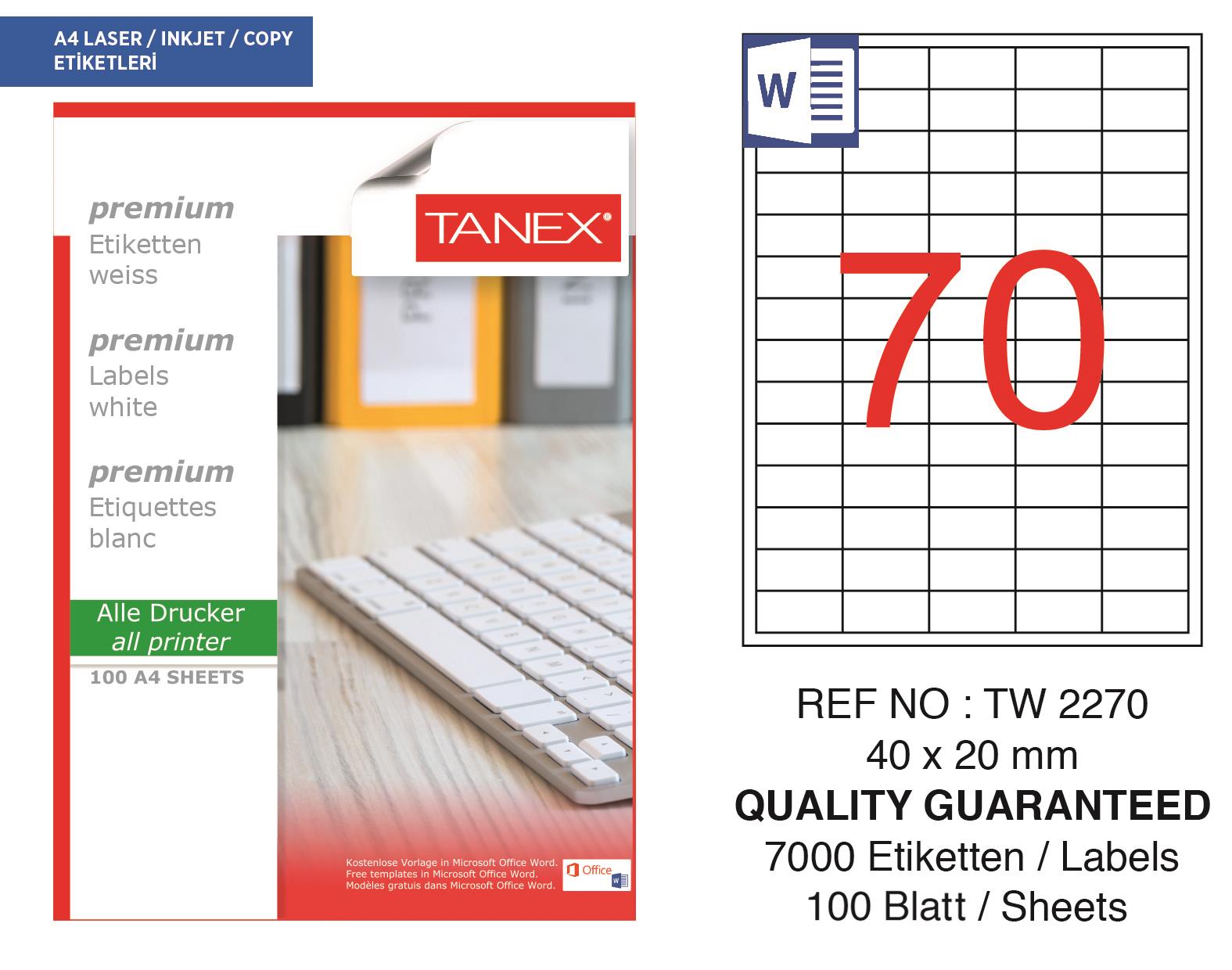 Tanex TW-2270 40x20 mm Lazer Etiket 100 Ad.