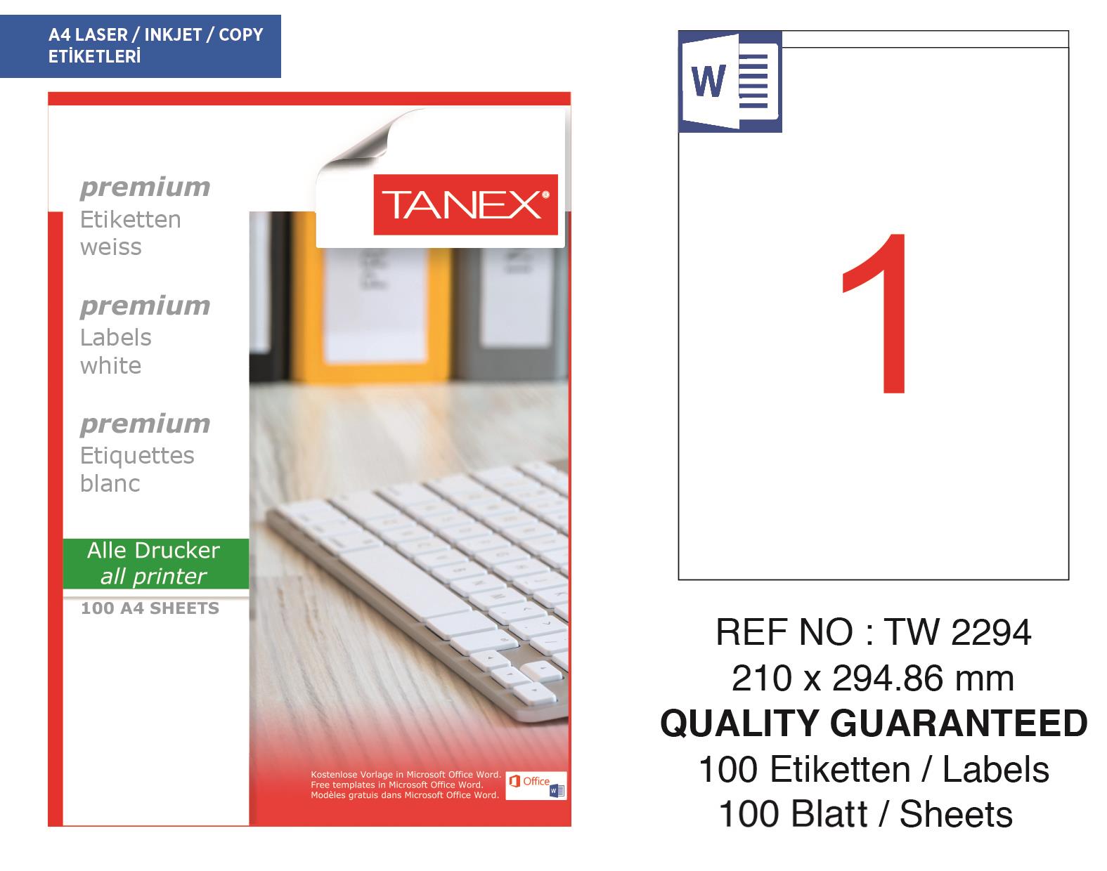 Tanex TW-2294 210x294,86 mm Lazer Etiket 100 Ad.