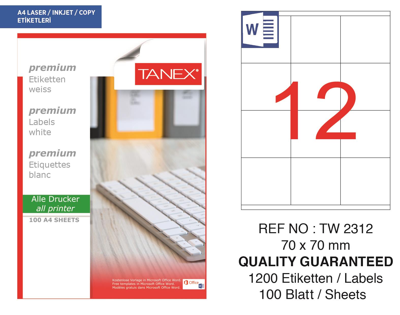 Tanex TW-2312 70x70 mm Lazer Etiket 100 Ad.