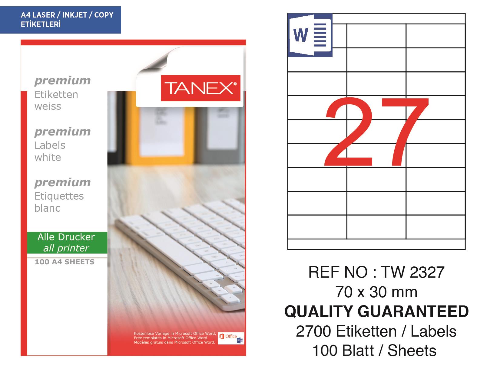 Tanex TW-2327 70x30 mm Lazer Etiket 100 Ad.