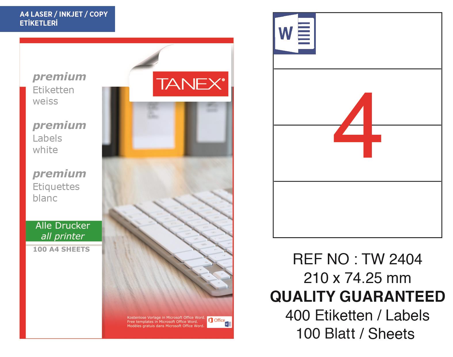 Tanex TW-2404 210x74,25 mm Lazer Etiket 100 Ad.