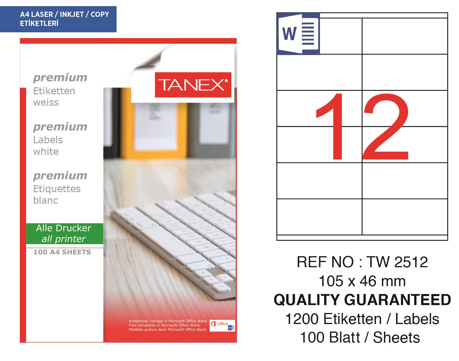 Tanex TW-2512 105x46 mm Lazer Etiket 100 Ad.