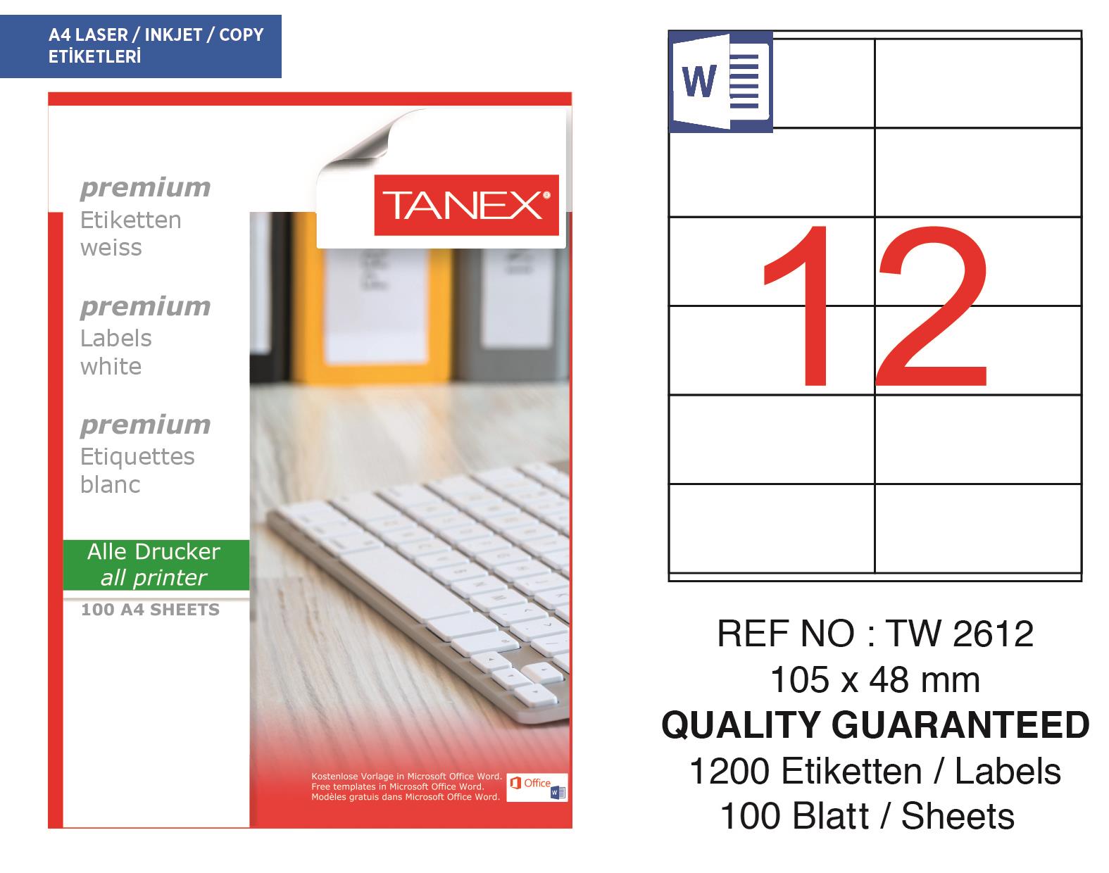 Tanex TW-2612 105x48 mm Lazer Etiket 100 Ad.