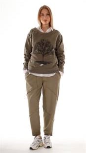 Taşlı Pamuklu Sweat Haki