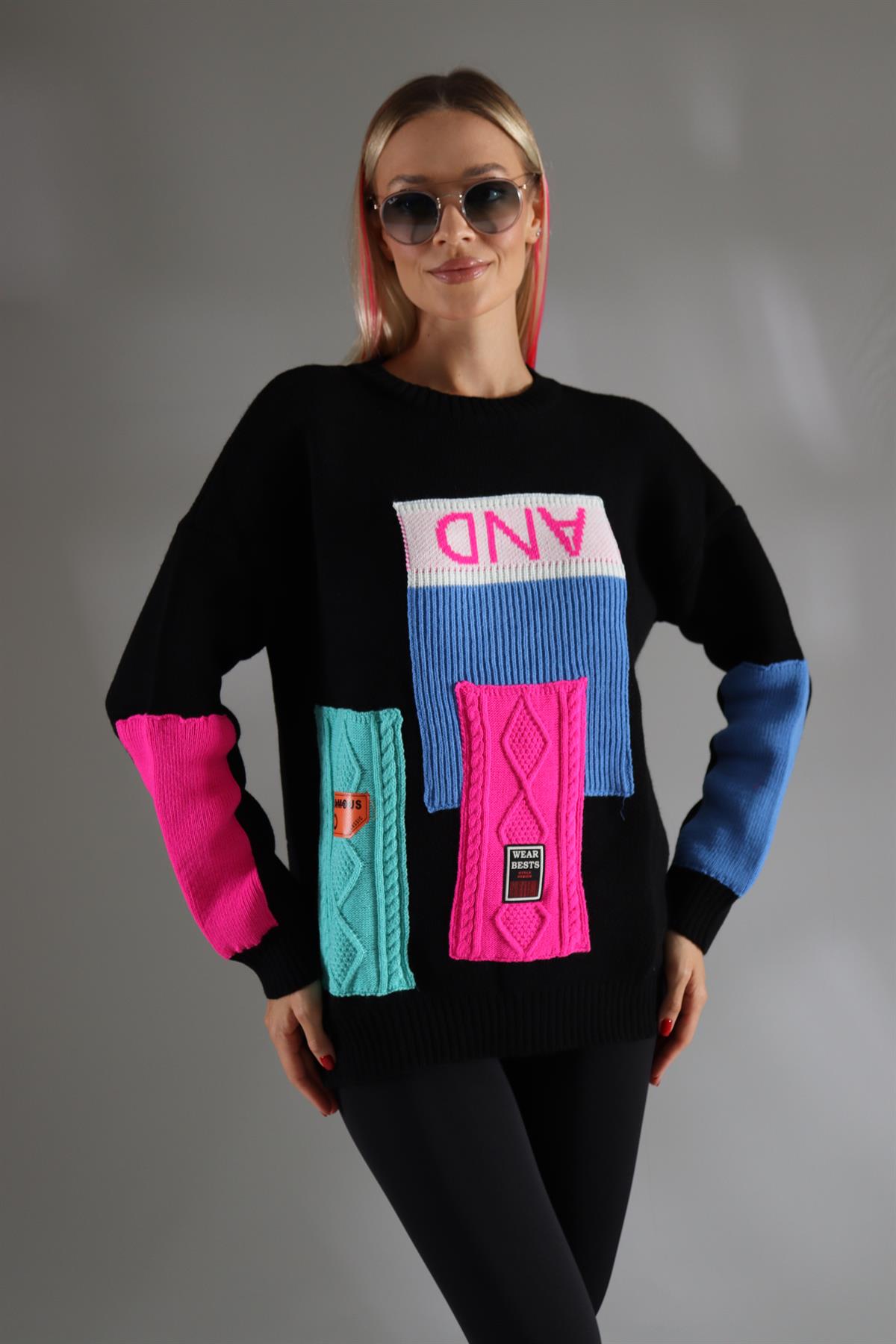 Neon Renkli Triko Kazak Siyah