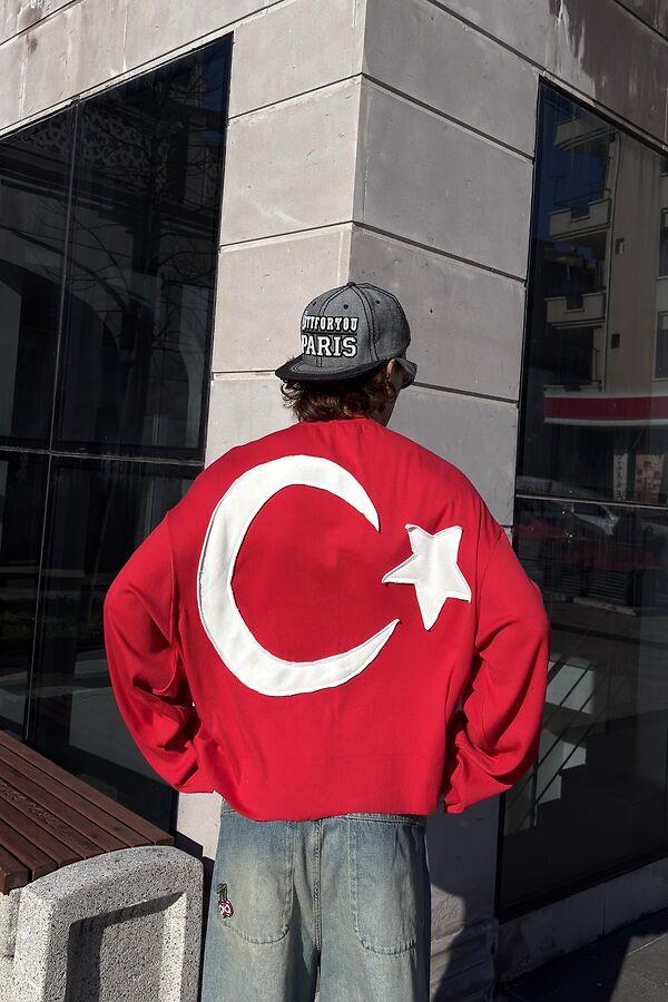 Hilal-Yıldız Yama Boxy Fit Cut-Off Kırmızı Sweatshirt