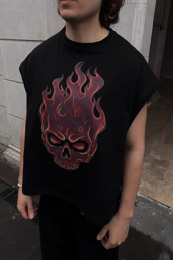 MW Premium Burn Skull Print Oversized Sıfır Kol T-shirt