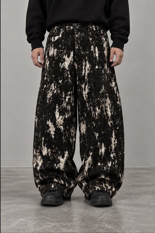 Premium Black-White Buckle Back Ultra Baggy Kadife Kaplama Jeans