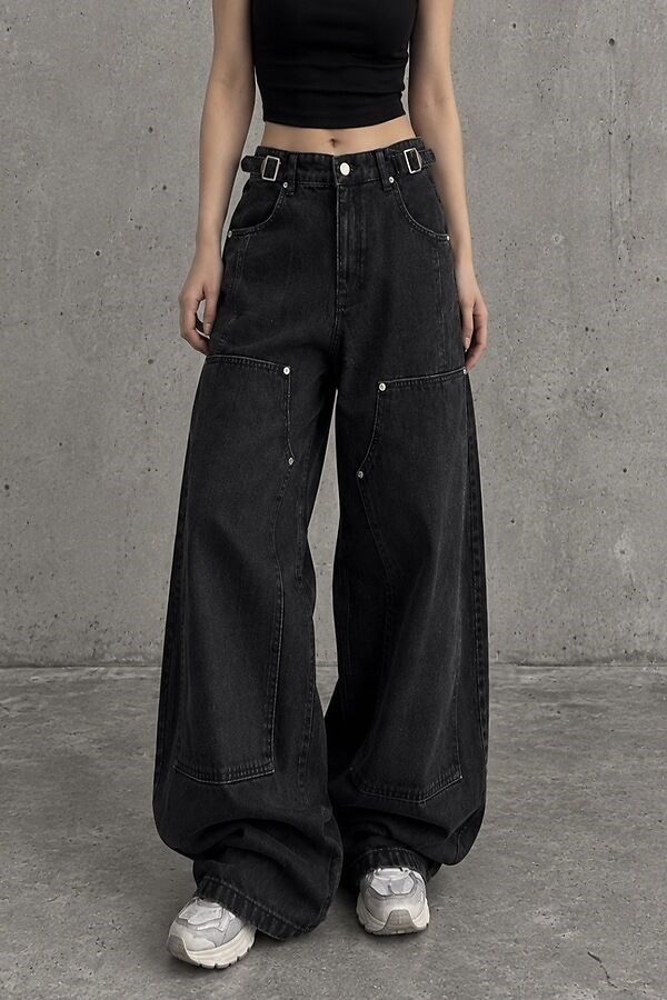 Premium Buckle Double Black Ultra Baggy Jeans