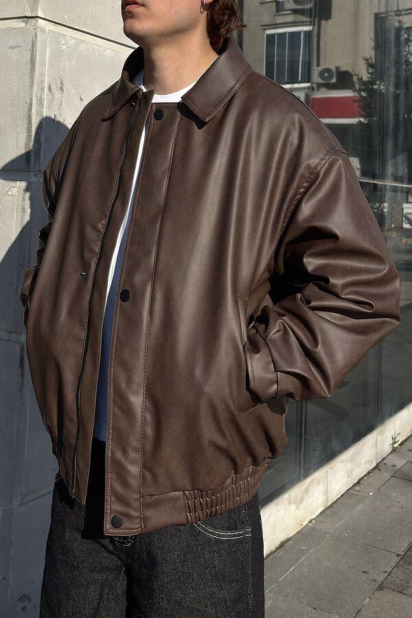 Premium Dark Brown Bomber Full-Zip Deri Ceket