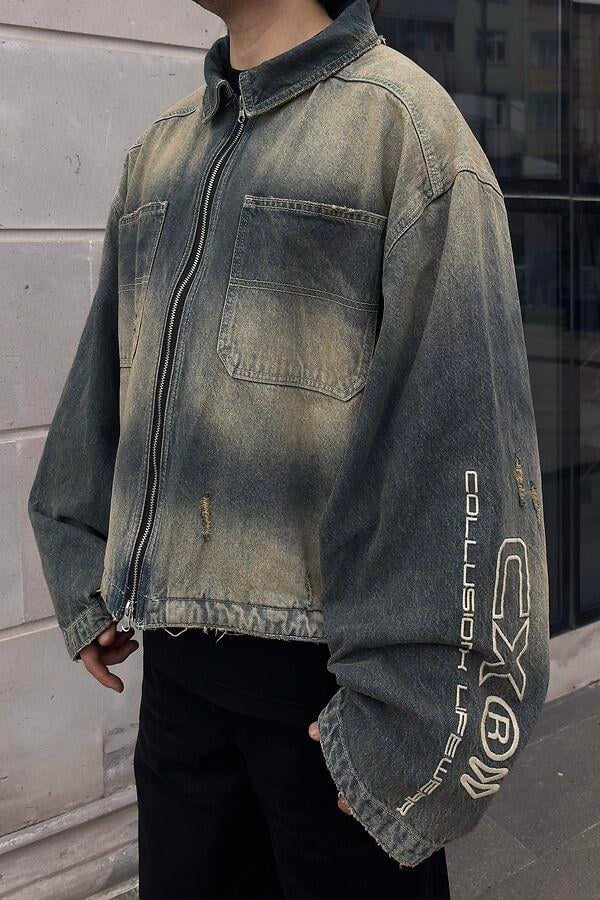 Premium Grey Wash Zip Through Carperter Unisex Denim Jacket
