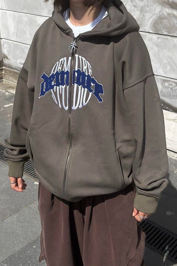 Premium Haki Ton Nakışlı Zipper Oversized Hoodie