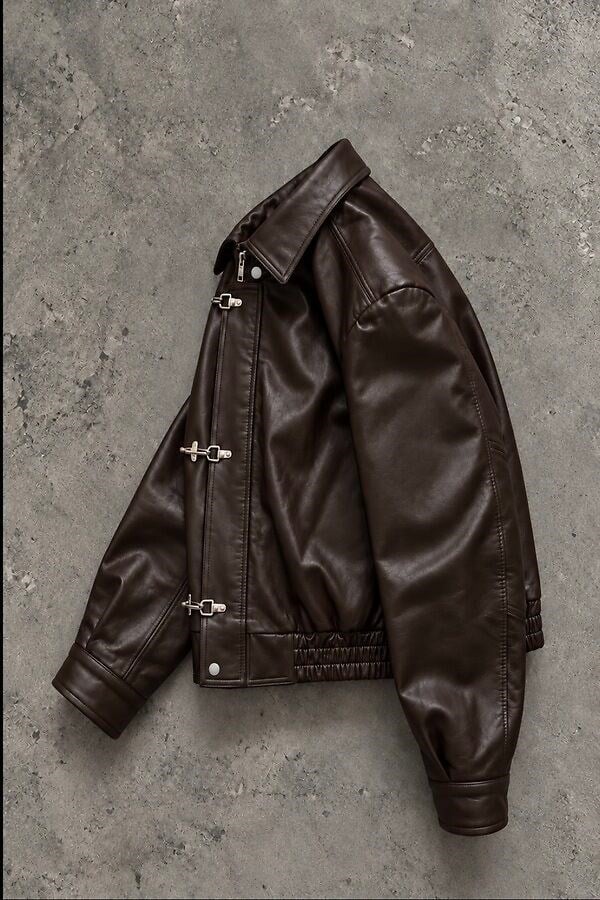 Premium Trıple Clıps Dark Brown Oversized Bomber Ceket